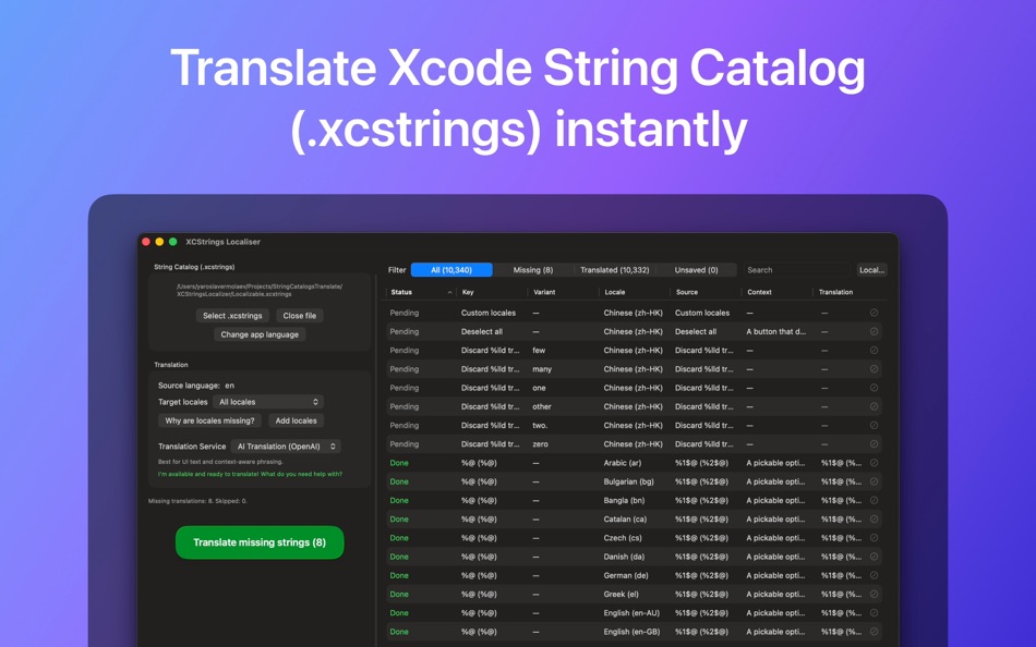 #1. XCStrings Localizer (macOS) Bởi: Yaroslav Ermolaev