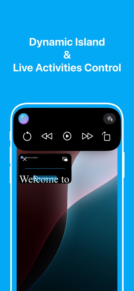 Teleprompter: Floating Notes - Observe the app's seamless integration with iOS Dynamic Island, providing quick playback controls and a compact floating teleprompter for active live sessions.
