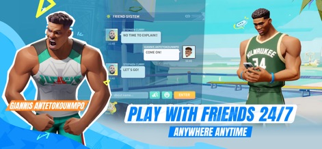 Dunk City Dynasty - ヤニス・アデトクンボの選手モデルがゲーム内で友達と交流する様子を示しており、リアルタイムのチャットシステムを通じていつでも仲間と繋がれることを強調しています。