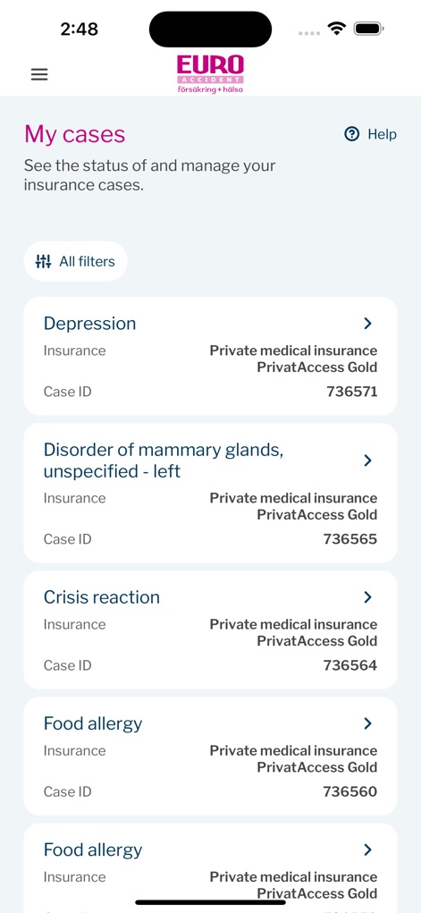 Euro Accident 2.0 - Gli utenti possono consultare un elenco dettagliato dei 'Miei casi', ciascuno con il proprio 'ID Caso' e il tipo di assicurazione associato.