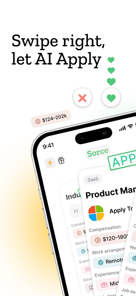 Sorce - AI Job Search - Users can effortlessly apply to jobs with a single swipe, revealing key job details such as the "Product Manager" role and the "SaaS" industry tag.