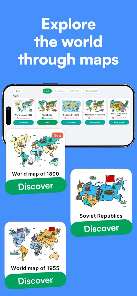 StudyGe - World Geography Quiz - The app provides an extensive selection of maps, including 'Historical maps' such as the 'World map of 1800' and specialized 'Country regions' views.