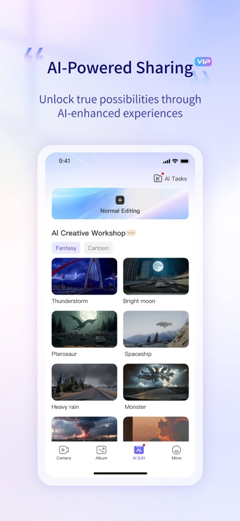 Viidure - Die Ansicht stellt den "AI Creative Workshop" vor, der Nutzern ermöglicht, Inhalte mit verschiedenen KI-generierten Stilen wie "Fantasy" und "Cartoon" zu bearbeiten und so kreative Ergebnisse zu erzielen.
