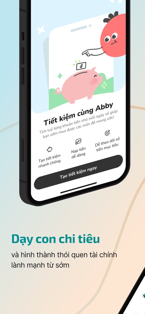 ABBank - The app introduces a gamified savings experience with the friendly "Abby" character and offers quick options for creating and topping up savings goals, making financial education fun for families.