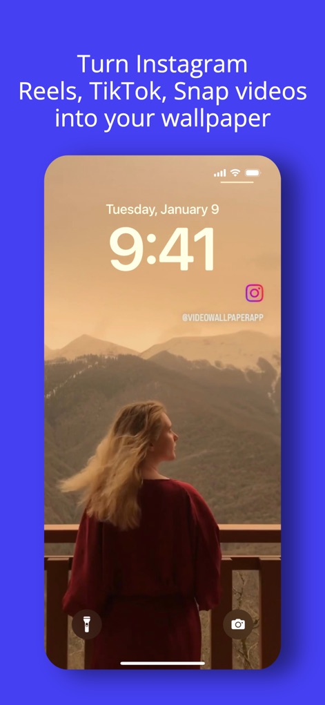 Video Wallpaper · Lock Screen - Esta herramienta convierte videos de redes sociales como TikTok o Instagram en fondos de pantalla de bloqueo, mostrando el video a pantalla completa y el logo de Instagram.