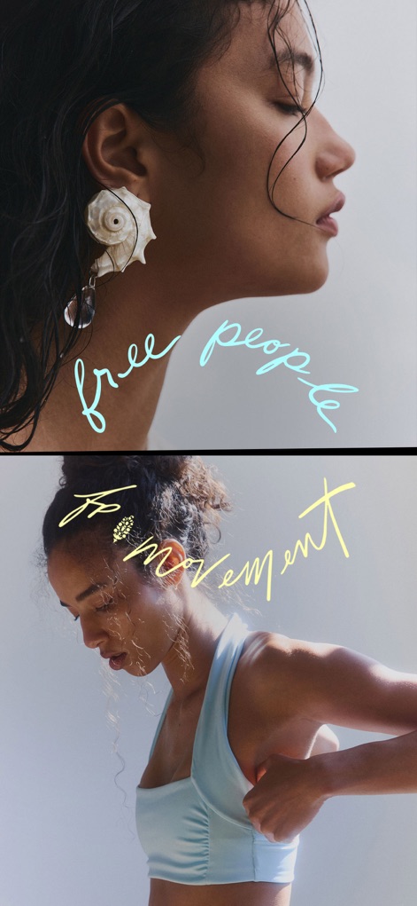Free People - Esta imagem de abertura apresenta a estética central da marca com o nome "free people" escrito de forma fluida e o logo secundário "FP Movement" em destaque, que juntos comunicam o estilo de vida da Free People.