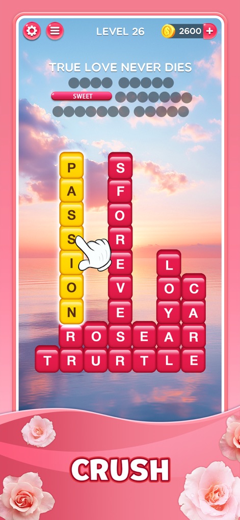 Word Crush® - Fun Puzzle Game - L'app propone sfide tematiche coinvolgenti come "TRUE LOVE NEVER DIES", dove i giocatori "frantumano" le parole scorrendo i blocchi di lettere colorati su uno sfondo suggestivo al tramonto.