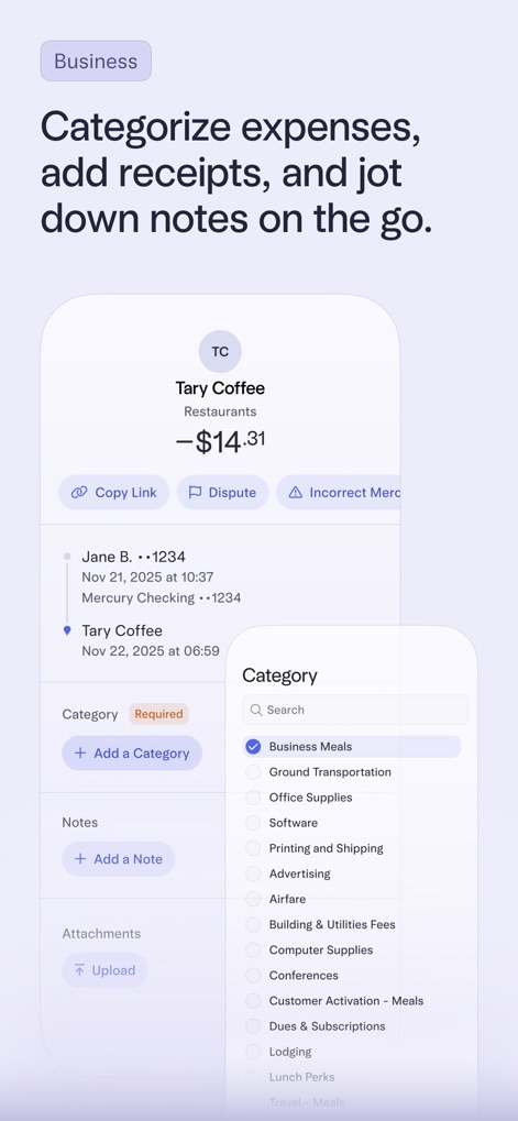 Mercury | Bank Differently - Users can maintain meticulous financial records, utilizing the "transaction detail (Tary Coffee)" interface to add information and the intuitive "category selection menu" for precise expense classification.