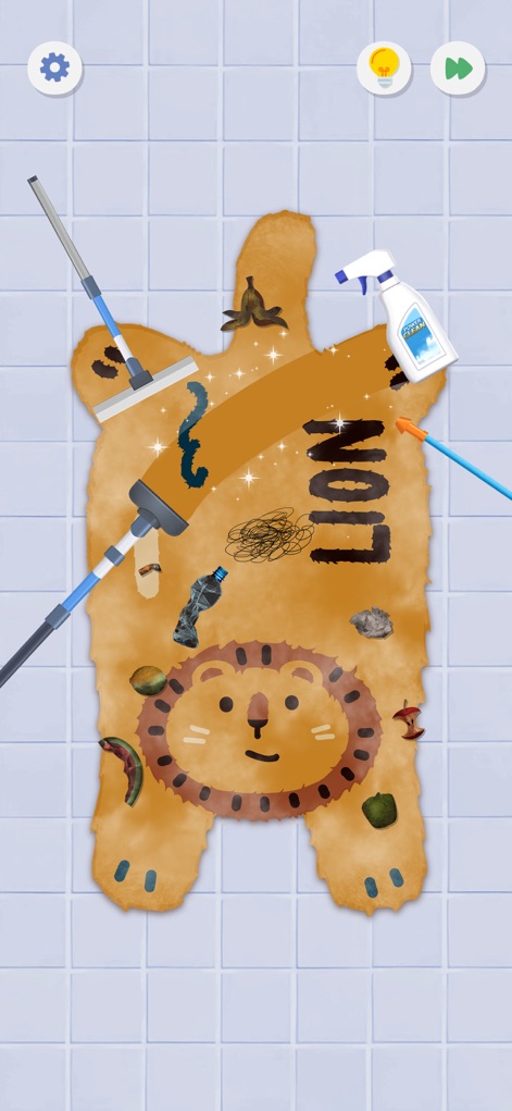 SatisPuzzle: Perfect Tidy - This tool allows players to tackle challenging cleaning tasks, effectively removing grime from a lion-shaped rug using a mop and a cleaning spray bottle.