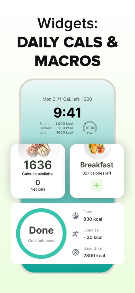 ‎Calorie Counter: Food Tracker - La aplicación ofrece widgets personalizables para un seguimiento rápido, mostrando calorías disponibles (1636) y la cantidad de calorías consumidas ('Eaten 1000 kcal'), lo que permite una monitorización constante del progreso diario.