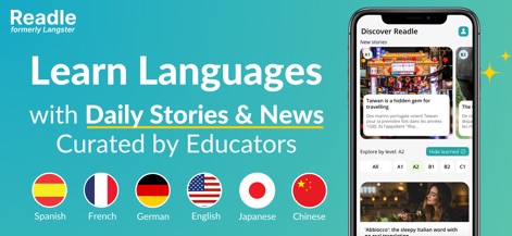 Readle: Learn Languages Daily - This interface highlights new, engaging stories and clearly categorizes content by CEFR levels for progressive language acquisition.
