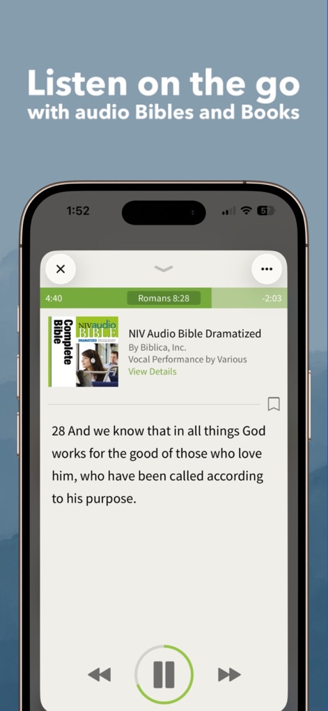 NIV Bible App + - Users can listen to audio Bibles with a dedicated player, featuring clear progress tracking and intuitive playback controls.