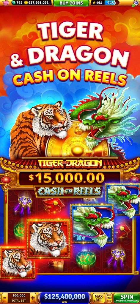 House of Fun: Casino Slots - Users can explore diverse slot games like "Tiger & Dragon" which showcases detailed mythical creatures and the "Cash on Reels" feature.