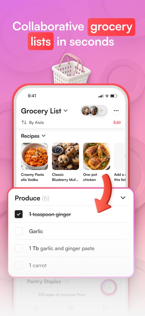 Osta: Save & Share Recipes - Observe how Osta simplifies meal preparation by generating categorized grocery lists and allowing users to check off ingredients as they shop.