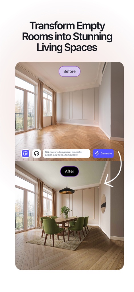 Renovate AI - Home Design - Cet outil transforme un espace vide en un intérieur meublé, illustré par une comparaison "Avant" et "Après" qui révèle un aménagement complet et élégant.
