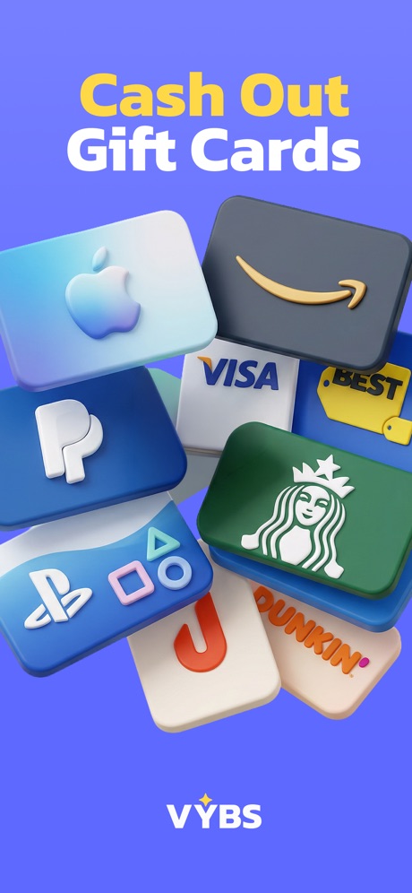 VYBS: Earn Rewards App Store screenshot 4, headline “Cash Out Gift Cards”. No app screen at all.