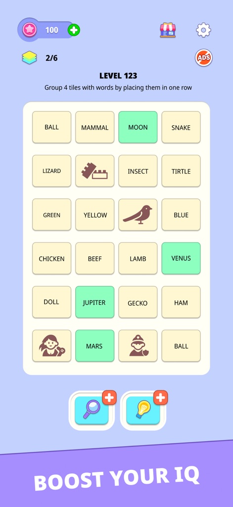 Word Merge: Categories - Users engage with complex puzzle layouts, strategically merging scattered word tiles, highlighted in green, to boost their problem-solving skills.