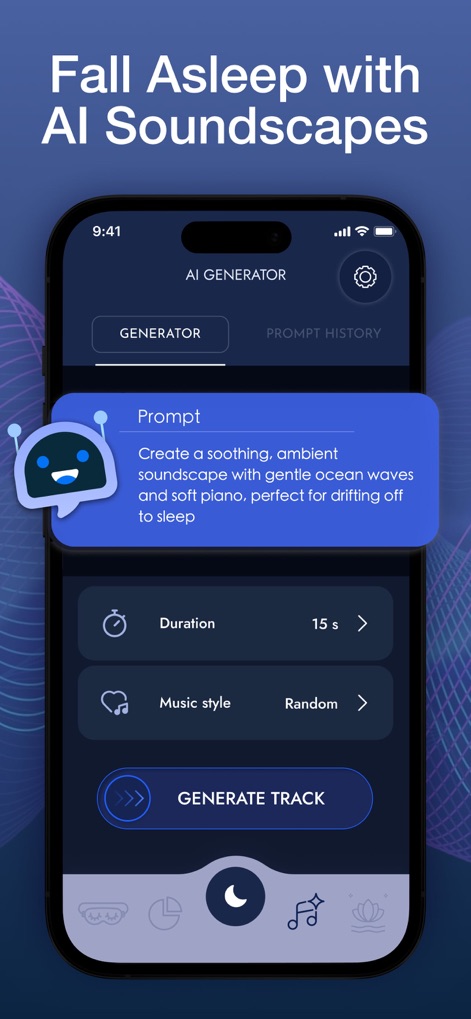 Snore Recorder - Sleep Monitor - 사용자는 AI 생성기를 통해 '잔잔한 바다 파도와 부드러운 피아노 소리' 같은 맞춤형 프롬프트를 입력하여 원하는 수면 소리 풍경을 만들고, 재생 시간을 설정할 수 있습니다.