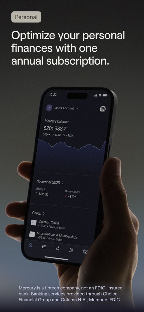 Mercury | Bank Differently - For personal finances, the app presents a clear "personal account balance" and a dynamic "monthly financial activity graph" to monitor individual wealth.