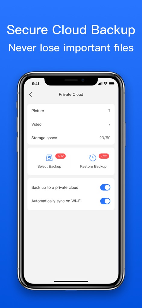 Secret Safe Lock Vault Manager - Examine the dedicated Private Cloud interface, featuring clear backup options and automated Wi-Fi syncing for data integrity.