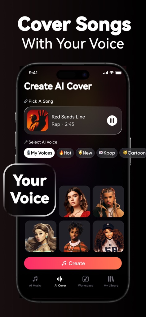 VocalMe Music: AI Cover Songs - This tool offers seamless vocal replacement, allowing users to select from diverse AI voice categories and a rich grid of personalized voice options.