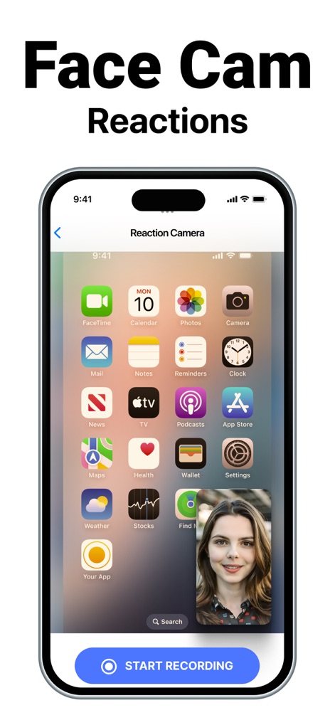 Screen Recorder - Observe the versatility of the Face Cam, allowing users to position their reaction window anywhere on the screen before hitting the 'START RECORDING' button.