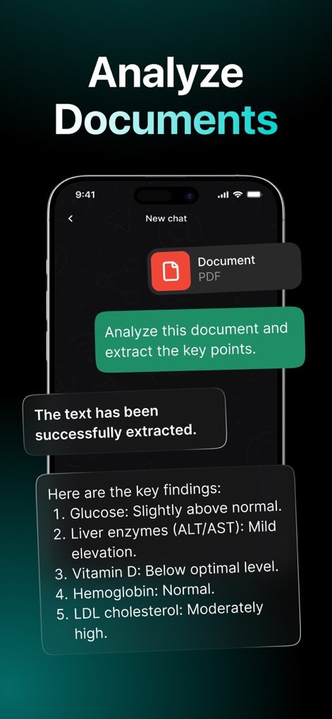 Chatbot AI: AI Chat Assistant - The app offers advanced document analysis capabilities, allowing users to upload a PDF for key point extraction and receive a clear, bulleted summary of its contents.