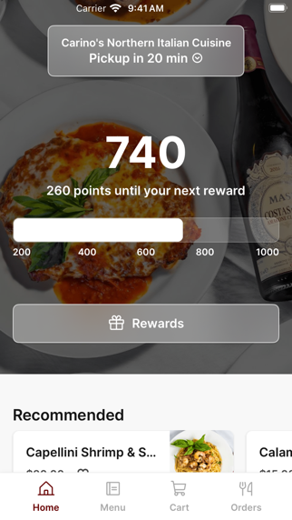 Carino's Northern Italian app screenshot
