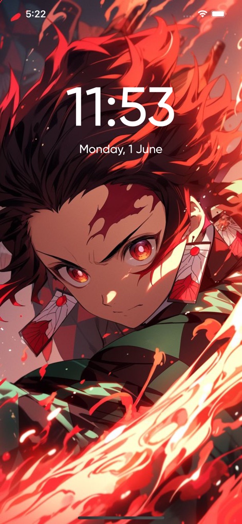 Anime Wallpaper 4K – Live - Die App bietet beeindruckende Hintergrundbilder für den Sperrbildschirm, die ikonische Charaktere wie Tanjiro und die dynamischen roten Flammeneffekte der Szene zur Geltung bringen.