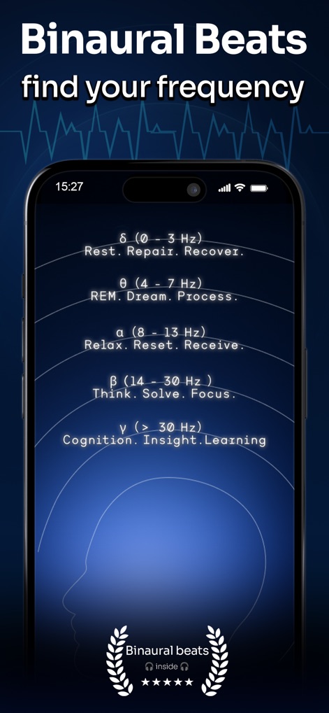 Anima: Binaural Beats - See how the app clearly categorizes brainwave frequencies like Delta and Theta, and explains their associated mental states such as 'Rest. Repair. Recover.' and 'Think. Solve. Focus.'