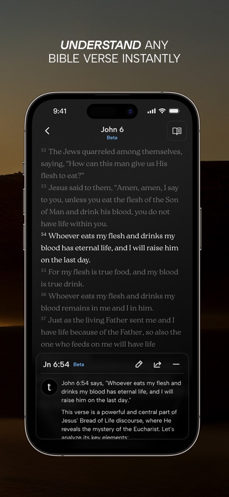 Truthly: Catholic AI - 사용자는 성경 구절 '요한복음 6장 52-57절'을 읽고, 이어서 '누구든지 내 살을 먹고 내 피를 마시는 사람은 영원한 생명을 얻으리니...' 구절에 대한 AI의 상세한 해설을 즉시 확인할 수 있습니다.