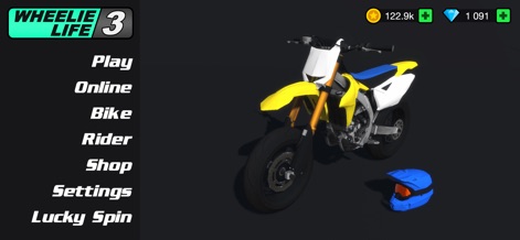 Wheelie Life 3 - Users are greeted by the main menu, offering quick access to 'Online' play and comprehensive 'Bike' customization options.