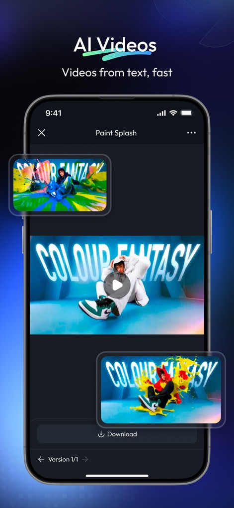 Skywork - Esta captura de tela mostra o "AI Videos" em ação, com um player de vídeo central exibindo efeitos dinâmicos de respingos de tinta e duas prévias em miniatura de conteúdo gerado.