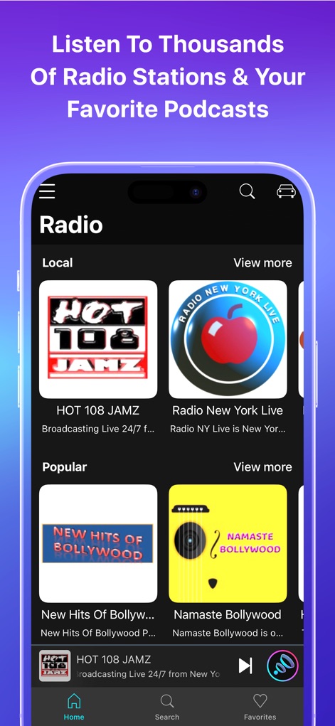 Boom: Bass Booster & Equalizer - Explore a vast selection of global audio content, including numerous "radio stations" like "HOT 108 JAMZ" and an extensive library of podcasts, all within the app.
