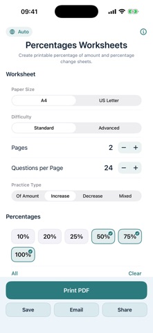 Percentages Worksheets iPhone screenshot