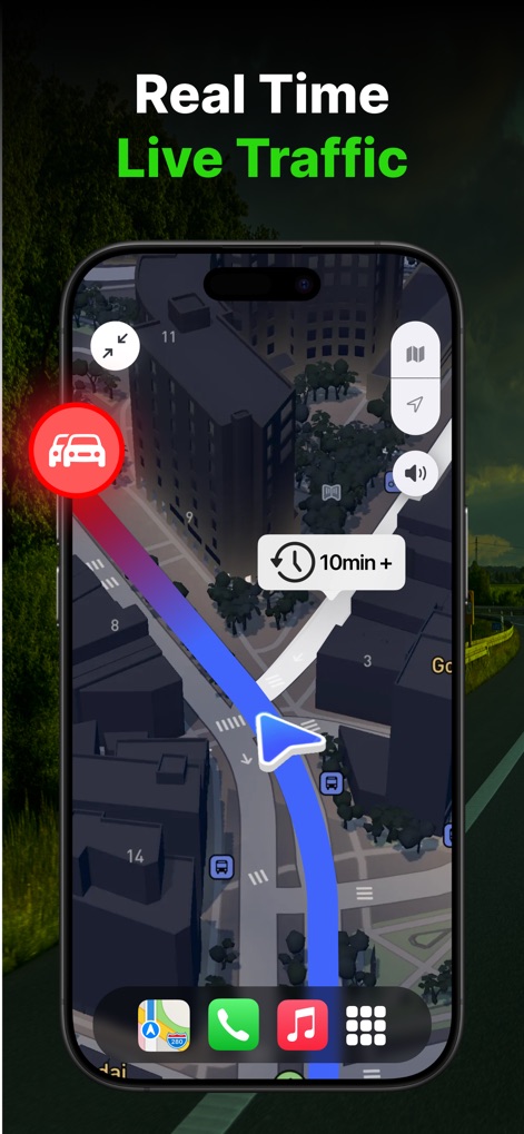 Car Play Connect: Sync My Auto - The app dynamically displays real-time live traffic data with color-coded road segments, providing estimated delays and an intuitive overview for users to navigate congested areas efficiently.
