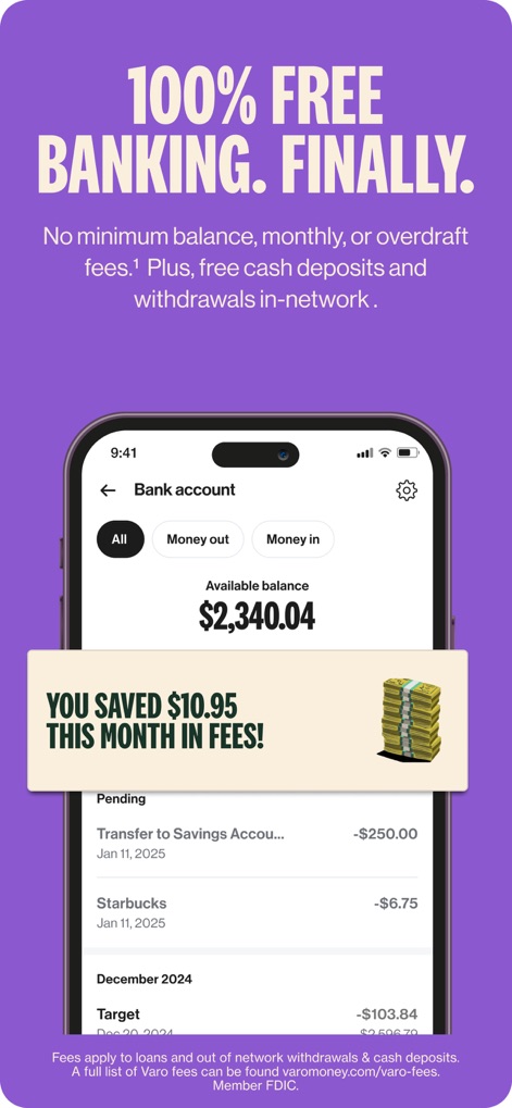 Varo Bank: Online Banking - See how the app's interface clearly displays the available balance and prominently features a notification for fee savings.