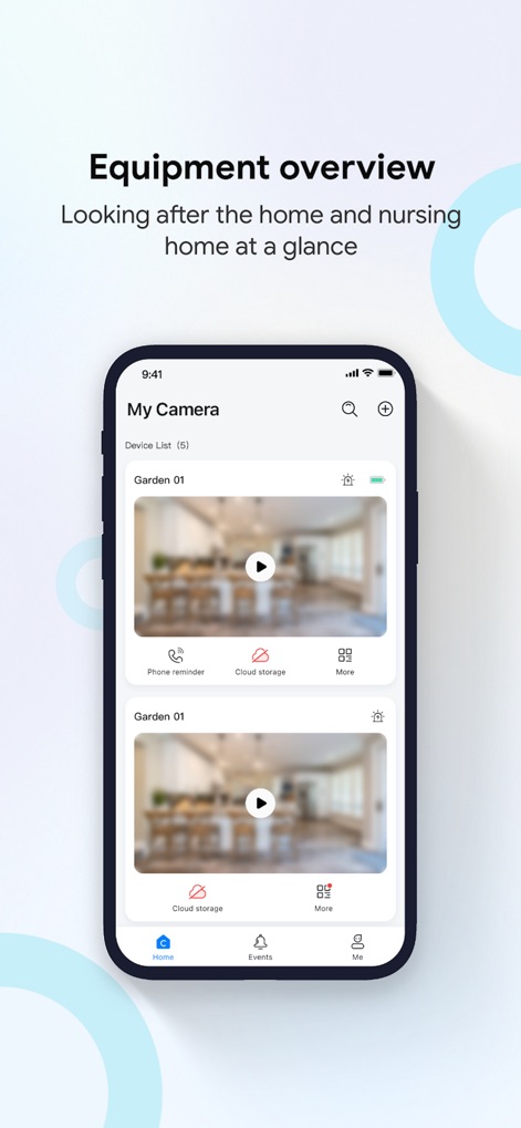 cam720 - The app presents a clear "My Camera" device list, offering instant video previews and quick access to "Cloud storage" and "Phone reminder" functionalities.