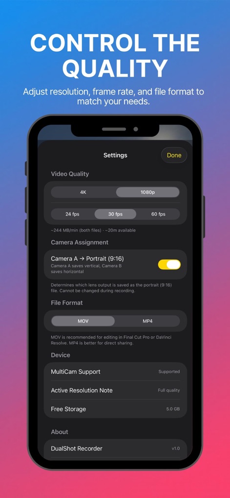 DualShot Recorder - Delve into the app's extensive settings, showcasing precise video quality options like 4K resolution and flexible file format selections for optimal output.