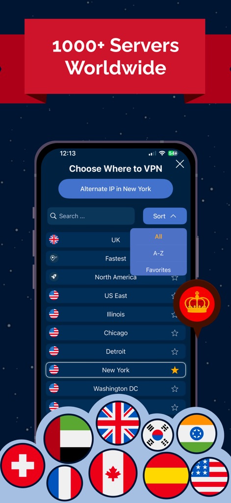 VPN UK - Free VPN and Browser - Diese Ansicht zeigt die beeindruckende Auswahl von über 1000 Servern weltweit, übersichtlich dargestellt mit zahlreichen Länderflaggen und einer praktischen Sortierfunktion für die Regionen.