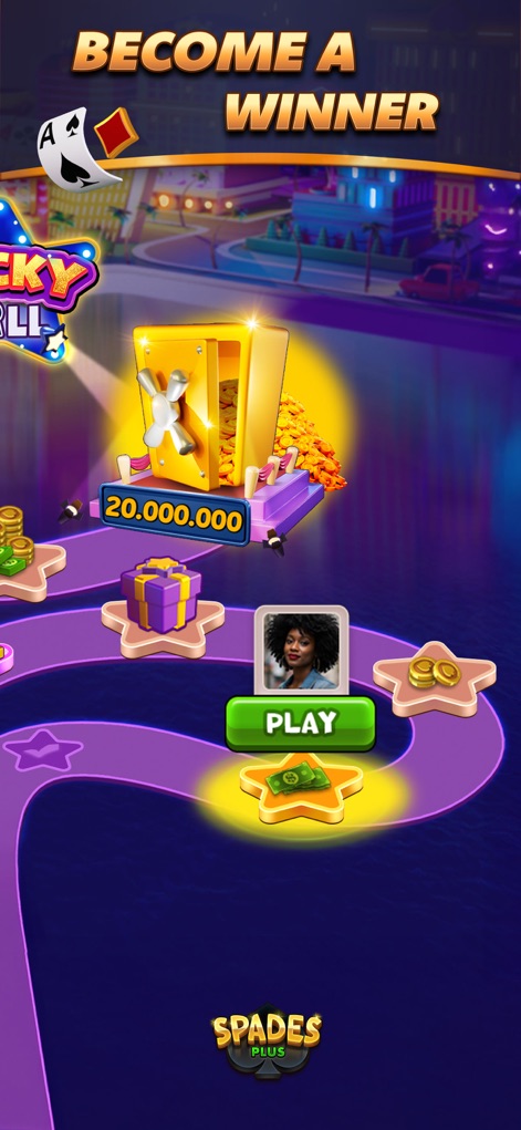 Spades Plus - Card Game - Witness the ultimate 'Jackpot Chest' filled with immense rewards and the clear 'Play Button' inviting users to claim their win in the Lucky Hall.