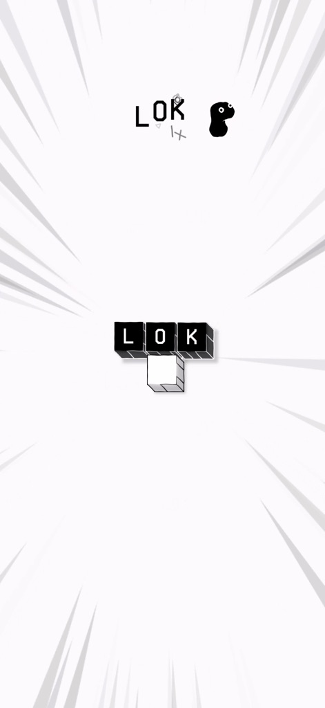 LOK Digital - L'application met en scène des mots magiques comme 'LOK' formés par des blocs, et révèle l'impact de ces mots sur les petites créatures LOK, soulignées par les lignes d'effet vibrantes de l'interface.