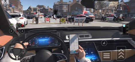 Car Driving 2026 : School Game - This first-person perspective reveals the driver's hands on a realistic steering wheel, while the detailed car dashboard presents essential vehicle information.