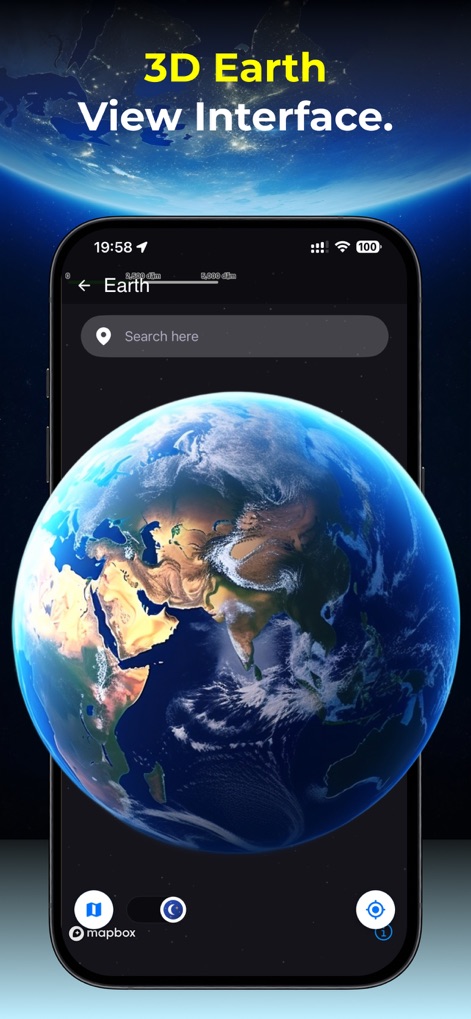 TerraCam: GPS Satellite - Esta captura exhibe el impresionante globo terráqueo interactivo en 3D, permitiendo a los usuarios una navegación inmersiva, complementado por una barra de búsqueda para localizar rápidamente cualquier punto del planeta.