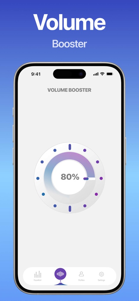 Equalizer & Bass Booster FX - L'interfaccia intuitiva del booster del volume è mostrata con l'indicatore circolare che visualizza l'80% di amplificazione, garantendo un suono più forte.
