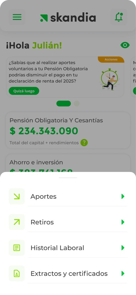 Skandia Colombia APP - Esta superposición de pantalla facilita la interacción rápida con las funciones más solicitadas, permitiendo 'Aportes' y 'Retiros' con solo un toque, y brindando acceso inmediato a extractos y certificados.