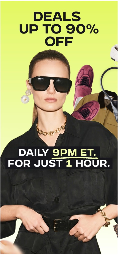 GOLD - The Best Deals Daily - The app showcases exclusive fashion at up to 90% off deals, emphasizing the thrilling, limited one-hour shopping window for savvy users.