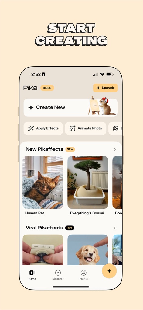 Pikaffects by Pika - L'application présente une interface conviviale pour lancer la création, offrant un accès direct aux options "Apply Effects" et une galerie des derniers "New Pikaffects" et "Viral Pikaffects".