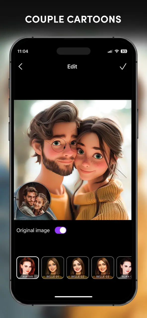 Interfaz móvil de ToonApp que muestra un efecto de filtro de foto de dibujos animados en el retrato de una mujer.