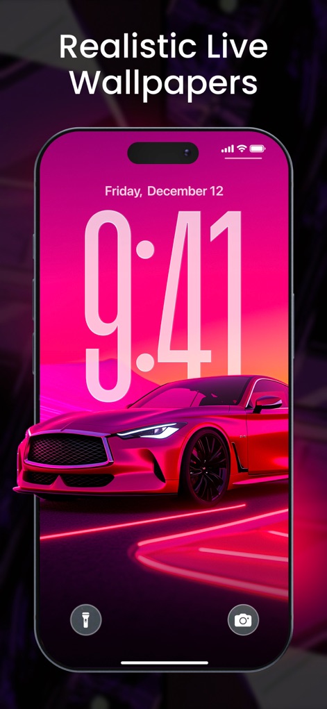 ThemeMe: Top Widgets & Themes - Die App ermöglicht es Nutzern, ihren Sperrbildschirm mit einem dynamischen, pinkfarbenen Sportwagen und futuristischen Neonlicht-Akzenten zu beleben.
